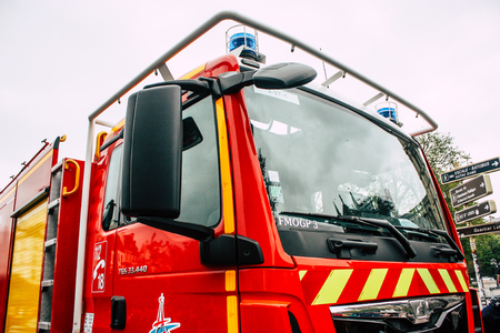 Paris France April 16, 2019 View of a fire truck parked near the Notre Dame cathedral in Paris the...