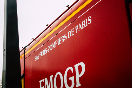 Paris France April 16, 2019 View of a fire truck parked near the Notre Dame cathedral in Paris the...
