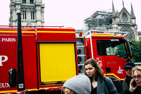 Paris France April 16, 2019 View of a fire truck parked near the Notre Dame cathedral in Paris the...