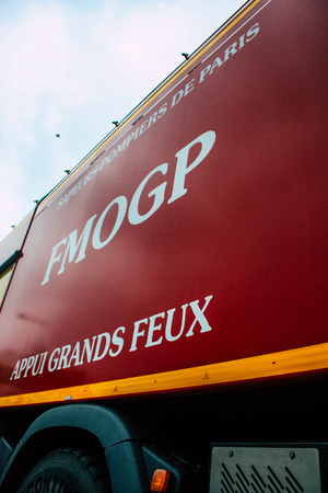 Paris France April 16, 2019 View of a fire truck parked near the Notre Dame cathedral in Paris the...
