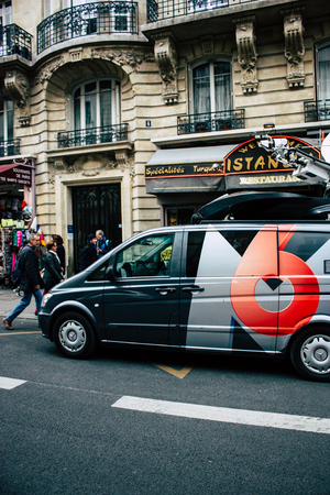 Paris France April 16, 2019 View of journalist car parked front the Notre Dame cathedral which burned the day before in a big fireのeditorial素材