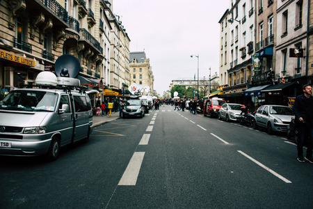 Paris France April 16, 2019 View of journalist car parked front the Notre Dame cathedral which burned the day before in a big fireのeditorial素材