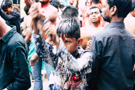 Varanasi India November 17, 2018 View of unknowns Shiite  Muslims use chains and blades during ritual self flagellation as part of the Imam Husain celebration, Ashura commemorations in the Arabian district of Varanasi in the morningのeditorial素材