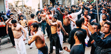 Varanasi India November 17, 2018 View of unknowns Shiite  Muslims use chains and blades during ritual self flagellation as part of the Imam Husain celebration,のeditorial素材