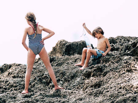 Sdot Yam Israel April 27, 2019 View of unknowns kid having fun in the beach of Sdot Yam kibbutz at the Haifa district in the afternoonのeditorial素材