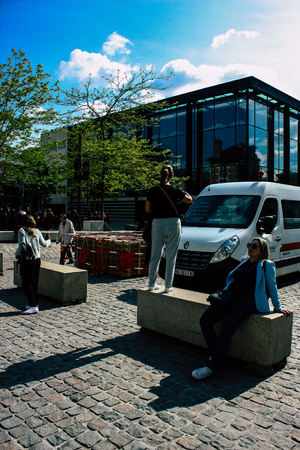 Reims France April 21, 2019 View of unknowns tourist walking on the forecourt of the Notre Dame de Reims Cathedral in the afternoonのeditorial素材