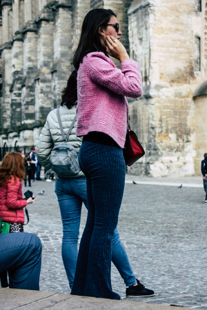 Reims France April 21, 2019 View of unknowns tourist walking on the forecourt of the Notre Dame de...