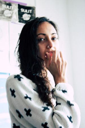 Voorburg Netherlands April 15, 2019 Portrait of Reachel Singh, Dutch professional singer and songwriter resting at home in Voorburg in the afternoonのeditorial素材