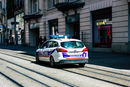 Reims France April 21, 2019 Closeup of a police car rolling in the streets of Reims in the afternoonのeditorial素材