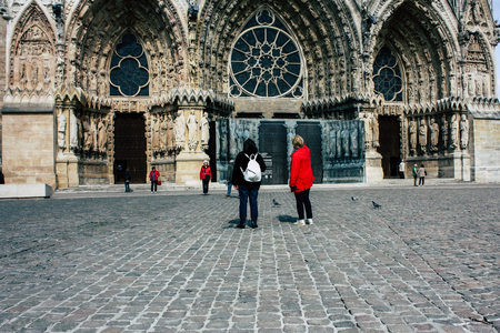 Reims France April 21, 2019 View of unknowns tourist walking on the forecourt of the Notre Dame de...