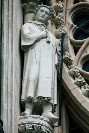 Reims France May 3, 2019 Closeup of the statues on the exterior facade of the Notre Dame de Reims cathedral in the morningの写真素材