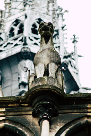 Reims France May 3, 2019 Closeup of the statues on the exterior facade of the Notre Dame de Reims cathedral in the morningの写真素材