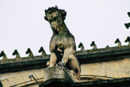 Reims France May 3, 2019 Closeup of the statues on the exterior facade of the Notre Dame de Reims cathedral in the morningの写真素材