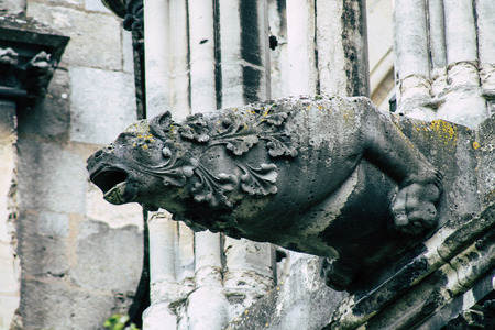 Reims France May 3, 2019 Closeup of the statues on the exterior facade of the Notre Dame de Reims cathedral in the morningの写真素材