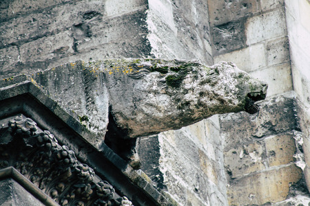 Reims France May 3, 2019 Closeup of the statues on the exterior facade of the Notre Dame de Reims cathedral in the morningの写真素材