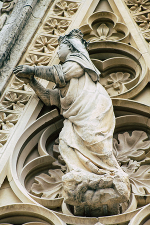 Reims France May 3, 2019 Closeup of the statues on the exterior facade of the Notre Dame de Reims cathedral in the morningの写真素材