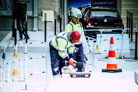 Reims France May 3, 2019 View of unknown people working on the new square of the Reims City Hall in...