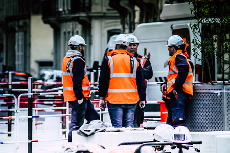 Reims France May 3, 2019 View of unknown people working on the new square of the Reims City Hall in...