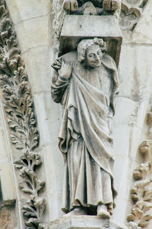 Reims France May 3, 2019 Closeup of the statues on the exterior facade of the Notre Dame de Reims cathedral in the morningの写真素材
