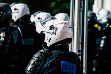 Paris France May 04, 2019 View of a riot squad of the French National Police in intervention during protests of the Yellow Jackets against the policy of President Macron in Paris on saturday afternoonのeditorial素材