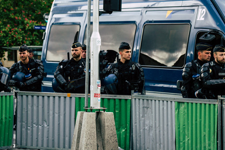 Paris France May 04, 2019 View of a riot squad of the French National Police in intervention during protests of the Yellow Jackets against the policy of President Macron in Paris on saturday afternoonのeditorial素材