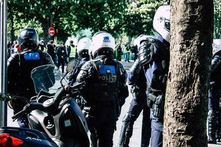 Paris France May 04, 2019 View of a riot squad of the French National Police in intervention during...