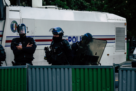 Paris France May 04, 2019 View of a riot squad of the French National Police in intervention during protests of the Yellow Jackets against the policy of President Macron in Paris on saturday afternoonのeditorial素材