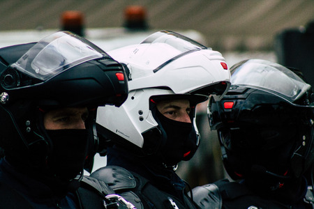 Paris France May 04, 2019 View of a riot squad of the French National Police in intervention during protests of the Yellow Jackets against the policy of President Macron in Paris on saturday afternoonのeditorial素材