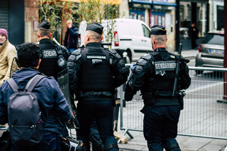 Paris France May 04, 2019 View of a riot squad of the French National Gendarmerie in intervention during protests of the Yellow Jackets against the policy of President Macron in Paris on saturday afternoonのeditorial素材