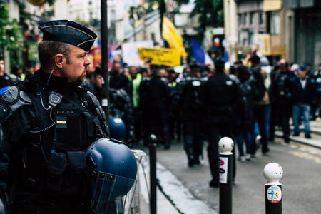 Paris France May 04, 2019 View of a riot squad of the French National Gendarmerie in intervention...