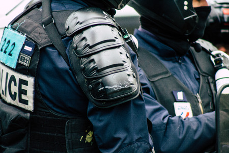 Paris France May 04, 2019 View of a riot squad of the French National Police in intervention during protests of the Yellow Jackets against the policy of President Macron in Paris on saturday afternoonのeditorial素材