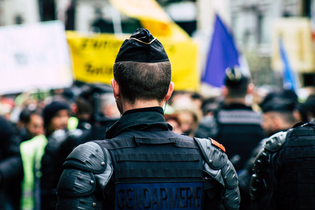 Paris France May 04, 2019 View of a riot squad of the French National Gendarmerie in intervention...