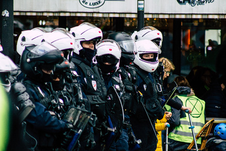 Paris France May 04, 2019 View of a riot squad of the French National Police in intervention during...