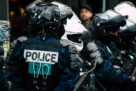 Paris France May 04, 2019 View of a riot squad of the French National Police in intervention during protests of the Yellow Jackets against the policy of President Macron in Paris on saturday afternoonのeditorial素材