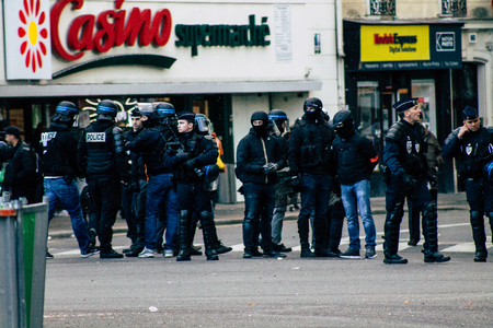Paris France May 04, 2019 View of a riot squad of the French National Police in intervention during...