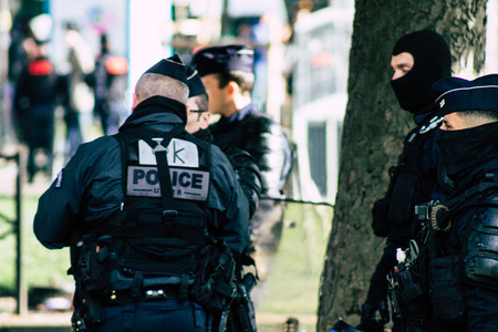 Paris France May 04, 2019 View of a riot squad of the French National Police in intervention during...