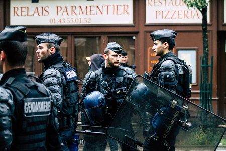 Paris France May 04, 2019 View of a riot squad of the French National Gendarmerie in intervention during protests of the Yellow Jackets against the policy of President Macron in Paris on saturday afternoonのeditorial素材