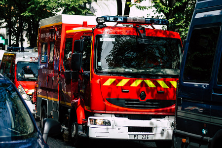 Paris France May 04, 2019 View of a French fire engine rolling in the street during protests of the Yellow jackets against the policy of President Macron in Paris on saturday afternoonのeditorial素材