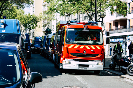 Paris France May 04, 2019 View of a French fire engine rolling in the street during protests of the Yellow jackets against the policy of President Macron in Paris on saturday afternoonのeditorial素材