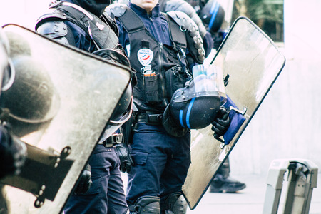 Paris France May 04, 2019 View of a riot squad of the French National Police in intervention during...