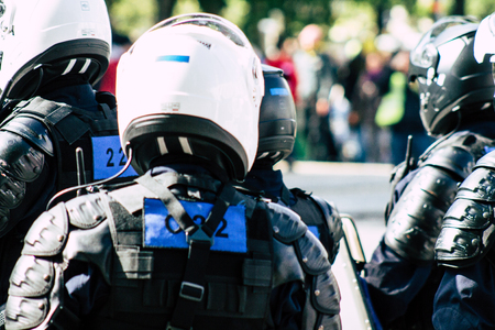 Paris France May 04, 2019 View of a riot squad of the French National Police in intervention during protests of the Yellow Jackets against the policy of President Macron in Paris on saturday afternoonのeditorial素材