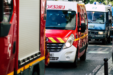 Paris France May 04, 2019 View of a French fire engine rolling in the street during protests of the Yellow jackets against the policy of President Macron in Paris on saturday afternoonのeditorial素材