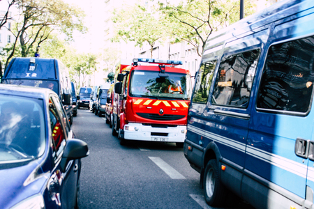 Paris France May 04, 2019 View of a French fire engine rolling in the street during protests of the Yellow jackets against the policy of President Macron in Paris on saturday afternoonのeditorial素材