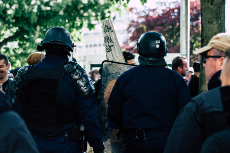 Paris France May 04, 2019 View of a riot squad of the French National Police in intervention during protests of the Yellow Jackets against the policy of President Macron in Paris on saturday afternoonのeditorial素材