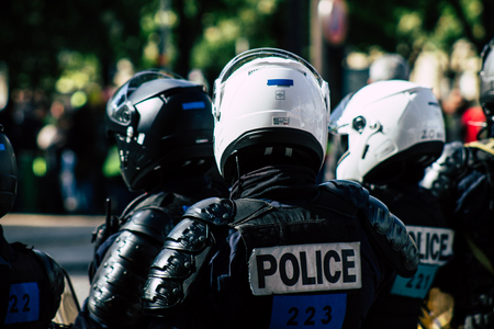 Paris France May 04, 2019 View of a riot squad of the French National Police in intervention during protests of the Yellow Jackets against the policy of President Macron in Paris on saturday afternoonのeditorial素材