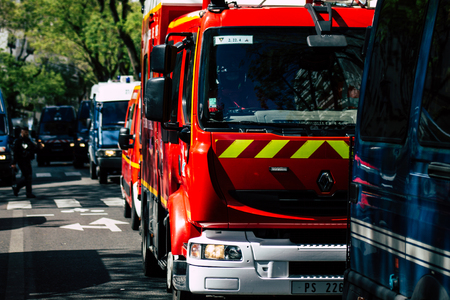 Paris France May 04, 2019 View of a French fire engine rolling in the street during protests of the Yellow jackets against the policy of President Macron in Paris on saturday afternoonのeditorial素材