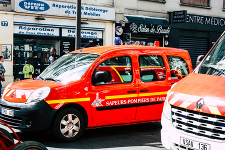 Paris France May 04, 2019 View of a French fire engine rolling in the street during protests of the Yellow jackets against the policy of President Macron in Paris on saturday afternoonのeditorial素材