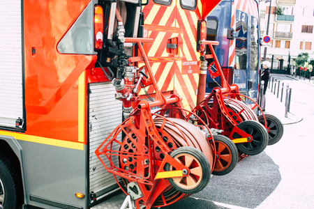 Paris France May 04, 2019 View of a French fire engine rolling in the street during protests of the...