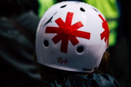 Paris France May 04, 2019 View of French street medic walking in the street during protests of the Yellow jackets against the policy of President Macron in Paris on saturday afternoonのeditorial素材