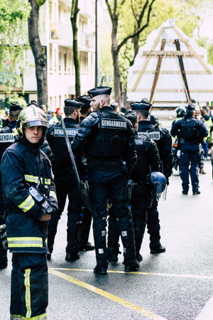 Paris France May 04, 2019 View of a French firefighters walking in the street during protests of the...